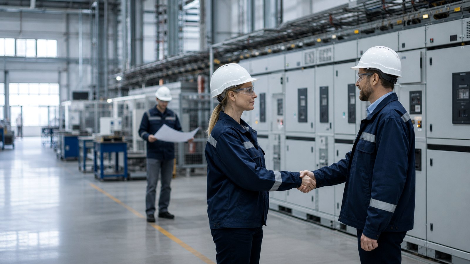 Engineers shaking hands in an electrical equipment workshop