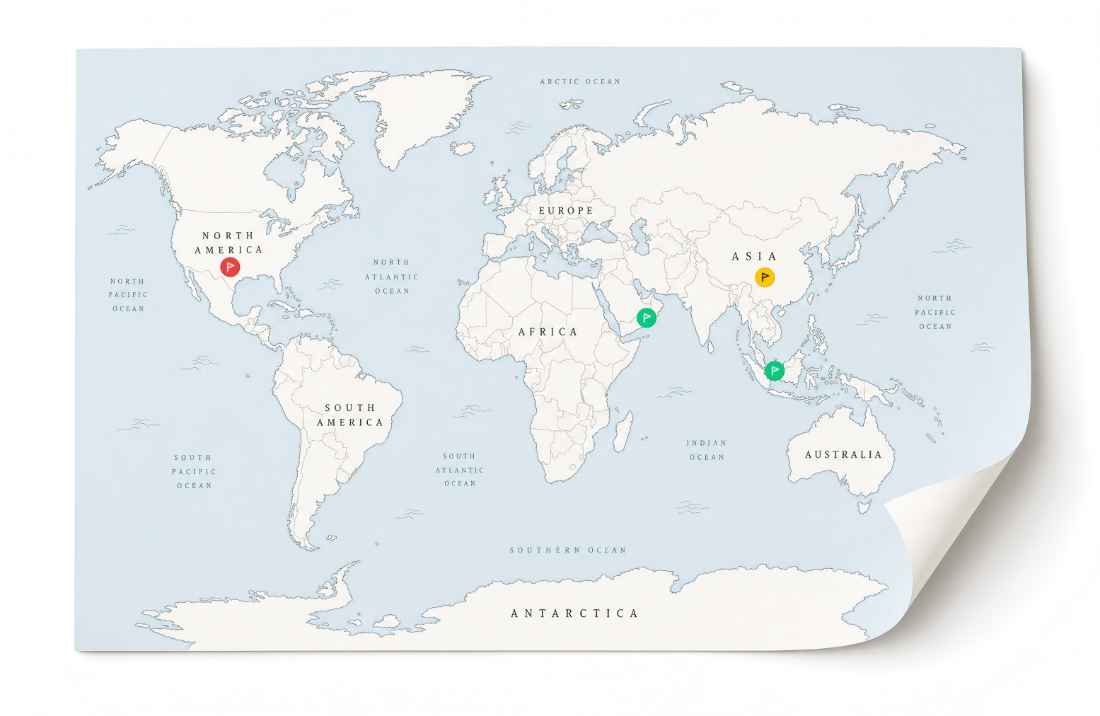 World map with NORTH headquarters, production base, and developing commercial centers marked